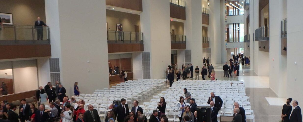 San Antonio Federal Courthouse interior with people assembling for event