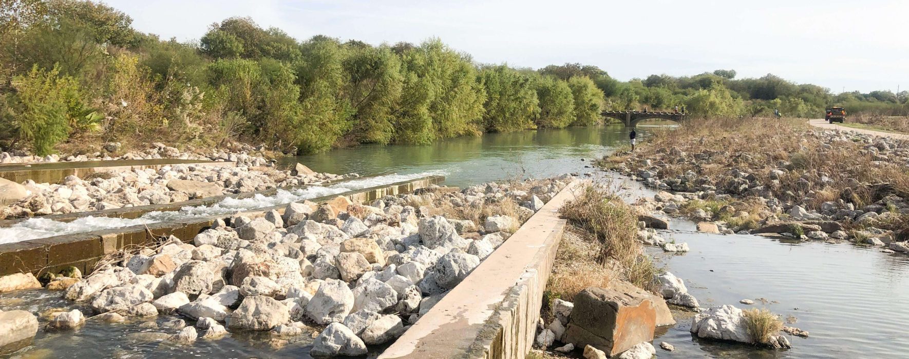 Rocks and river within a dam for Mission Reach Ecosystem Restoration